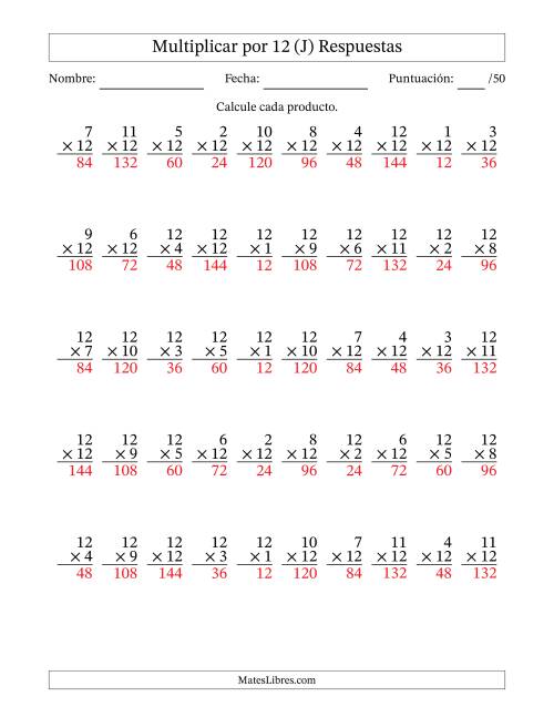 La hoja de ejercicios de Multiplicar (Factores de 1 a 12) por 12 (50 Preguntas) (J) Página 2