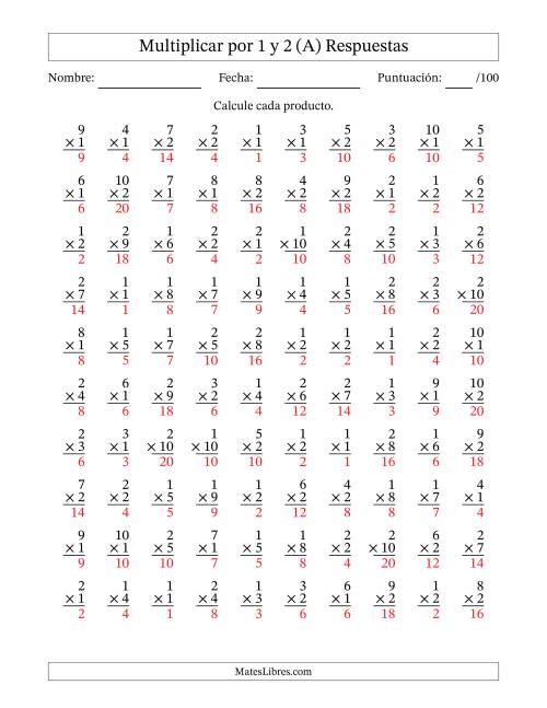La hoja de ejercicios de Multiplicar (Factores de 1 a 10) por 1 y 2 (100 Preguntas) (A) Página 2