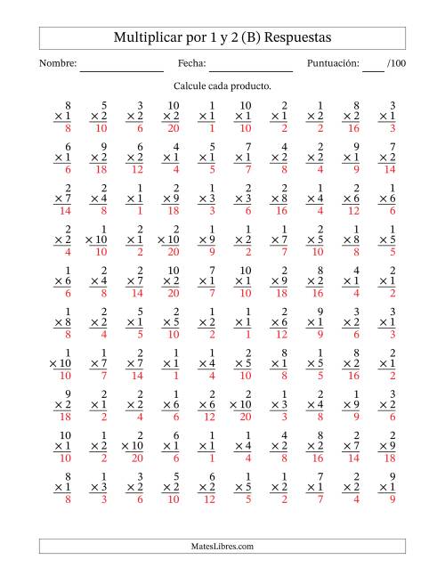 La hoja de ejercicios de Multiplicar (Factores de 1 a 10) por 1 y 2 (100 Preguntas) (B) Página 2