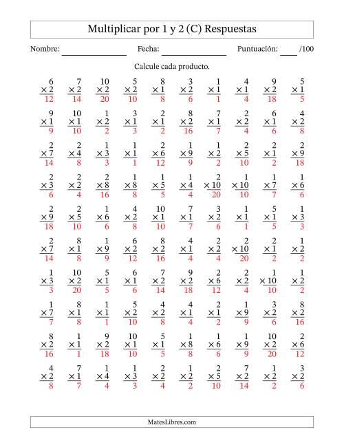 La hoja de ejercicios de Multiplicar (Factores de 1 a 10) por 1 y 2 (100 Preguntas) (C) Página 2