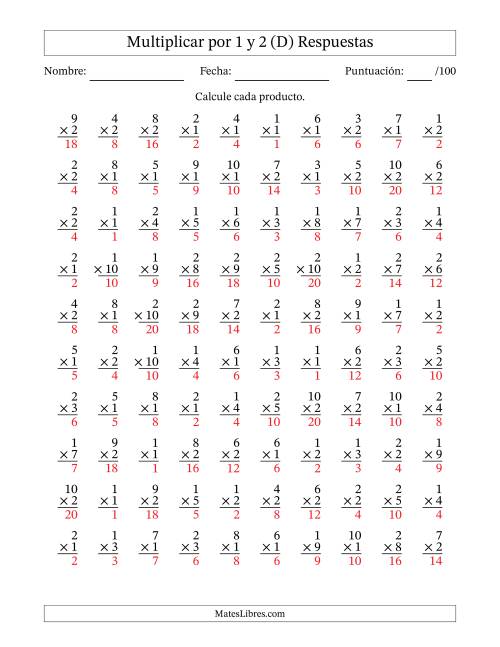 La hoja de ejercicios de Multiplicar (Factores de 1 a 10) por 1 y 2 (100 Preguntas) (D) Página 2