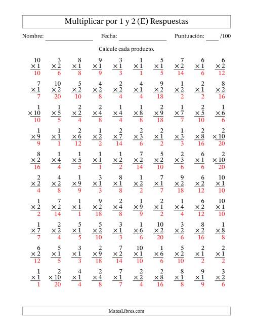 La hoja de ejercicios de Multiplicar (Factores de 1 a 10) por 1 y 2 (100 Preguntas) (E) Página 2