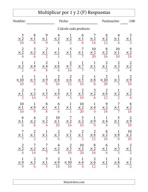 La hoja de ejercicios de Multiplicar (Factores de 1 a 10) por 1 y 2 (100 Preguntas) (F) Página 2