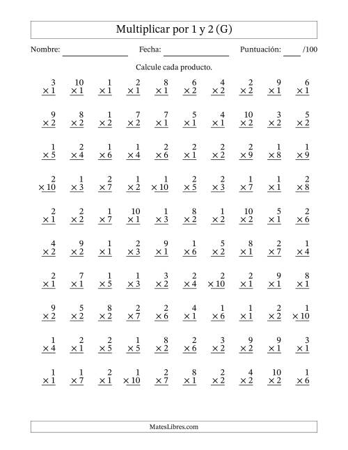 La hoja de ejercicios de Multiplicar (Factores de 1 a 10) por 1 y 2 (100 Preguntas) (G)