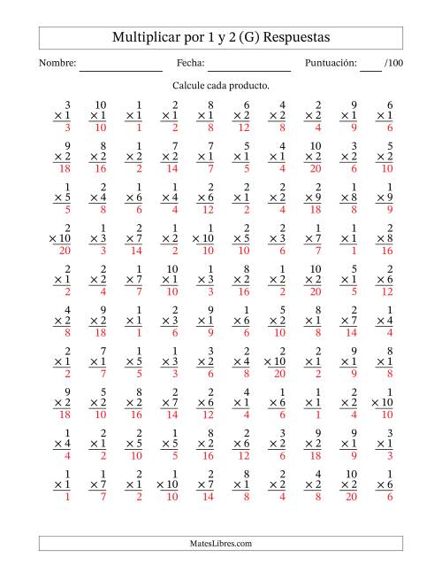 La hoja de ejercicios de Multiplicar (Factores de 1 a 10) por 1 y 2 (100 Preguntas) (G) Página 2