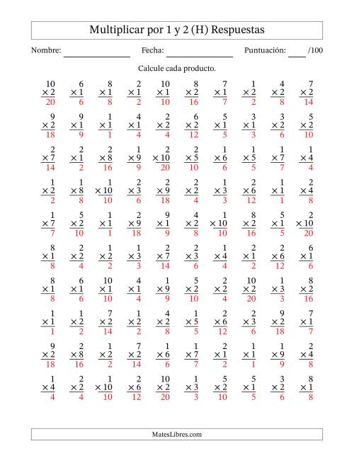 La hoja de ejercicios de Multiplicar (Factores de 1 a 10) por 1 y 2 (100 Preguntas) (H) Página 2