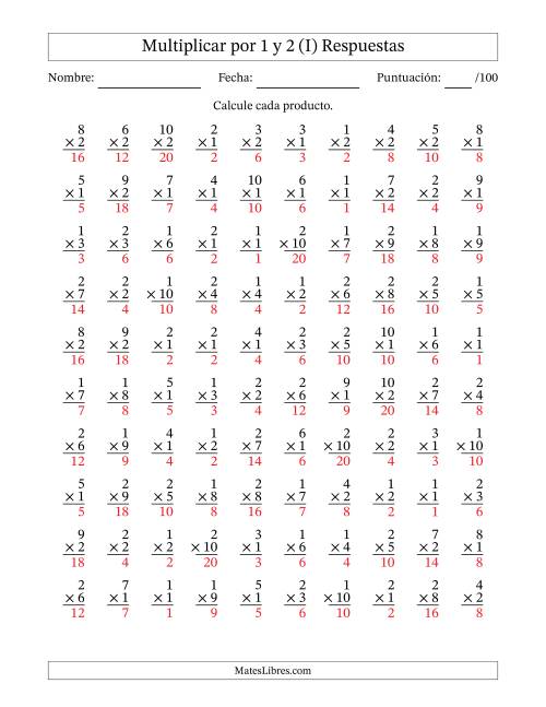 La hoja de ejercicios de Multiplicar (Factores de 1 a 10) por 1 y 2 (100 Preguntas) (I) Página 2