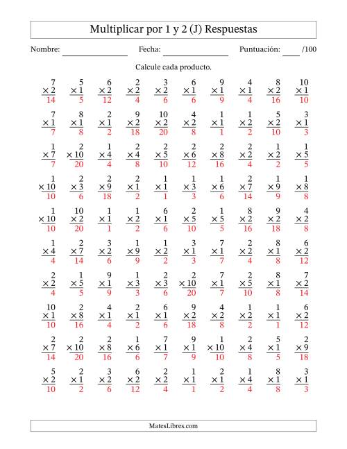 La hoja de ejercicios de Multiplicar (Factores de 1 a 10) por 1 y 2 (100 Preguntas) (J) Página 2