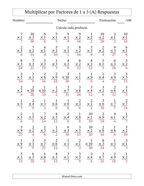 La hoja de ejercicios de Multiplicar (Factores de 1 a 10) por Factores de 1 a 3 (100 Preguntas) (A) Página 2