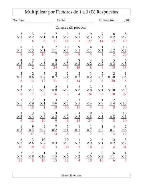 La hoja de ejercicios de Multiplicar (Factores de 1 a 10) por Factores de 1 a 3 (100 Preguntas) (B) Página 2