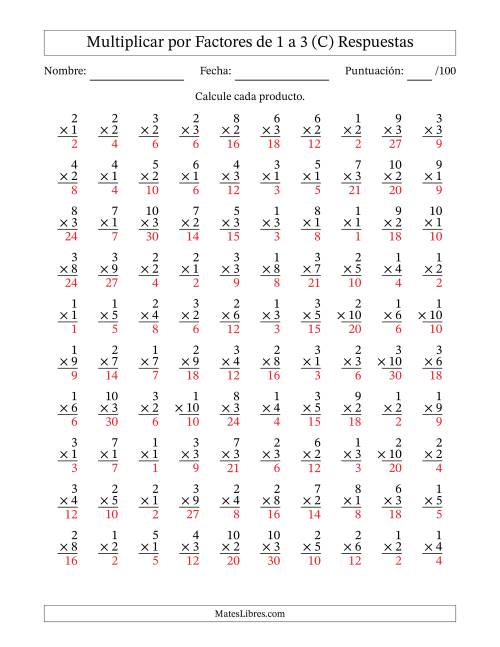 La hoja de ejercicios de Multiplicar (Factores de 1 a 10) por Factores de 1 a 3 (100 Preguntas) (C) Página 2