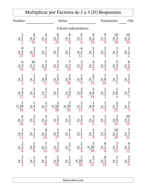 La hoja de ejercicios de Multiplicar (Factores de 1 a 10) por Factores de 1 a 3 (100 Preguntas) (D) Página 2