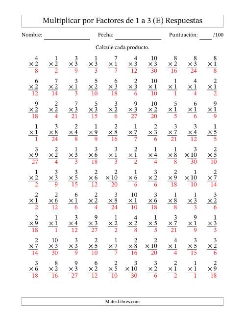 La hoja de ejercicios de Multiplicar (Factores de 1 a 10) por Factores de 1 a 3 (100 Preguntas) (E) Página 2