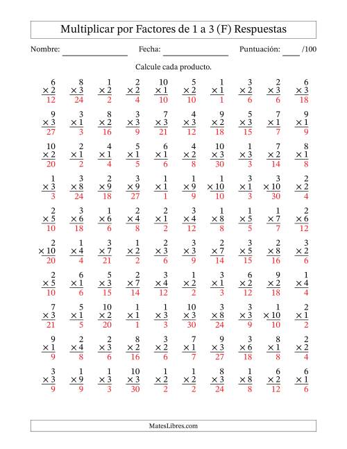 La hoja de ejercicios de Multiplicar (Factores de 1 a 10) por Factores de 1 a 3 (100 Preguntas) (F) Página 2