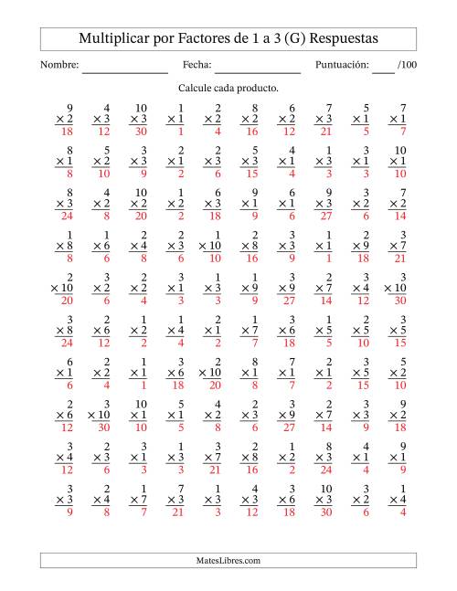 La hoja de ejercicios de Multiplicar (Factores de 1 a 10) por Factores de 1 a 3 (100 Preguntas) (G) Página 2