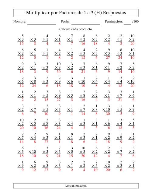La hoja de ejercicios de Multiplicar (Factores de 1 a 10) por Factores de 1 a 3 (100 Preguntas) (H) Página 2