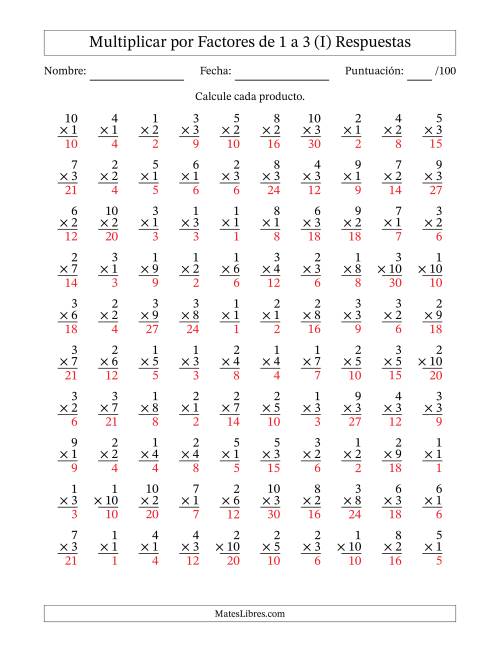 La hoja de ejercicios de Multiplicar (Factores de 1 a 10) por Factores de 1 a 3 (100 Preguntas) (I) Página 2
