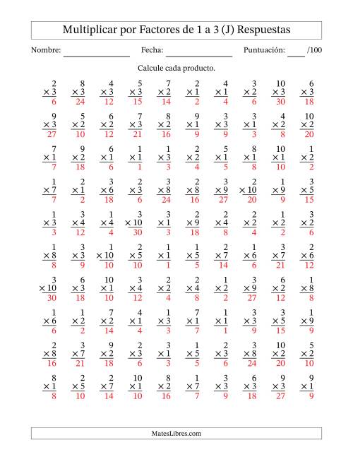 La hoja de ejercicios de Multiplicar (Factores de 1 a 10) por Factores de 1 a 3 (100 Preguntas) (J) Página 2