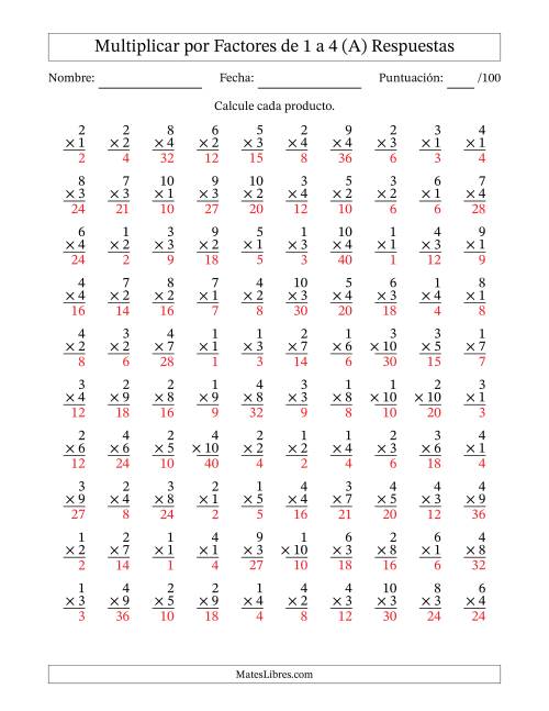 La hoja de ejercicios de Multiplicar (Factores de 1 a 10) por Factores de 1 a 4 (100 Preguntas) (A) Página 2