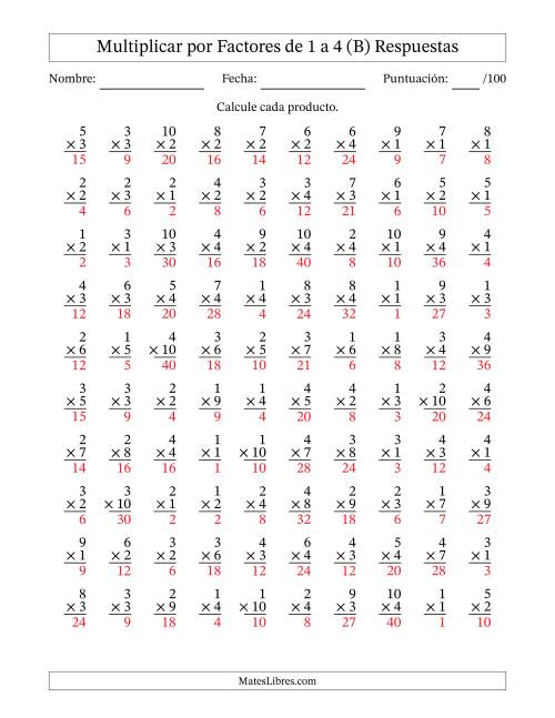 La hoja de ejercicios de Multiplicar (Factores de 1 a 10) por Factores de 1 a 4 (100 Preguntas) (B) Página 2