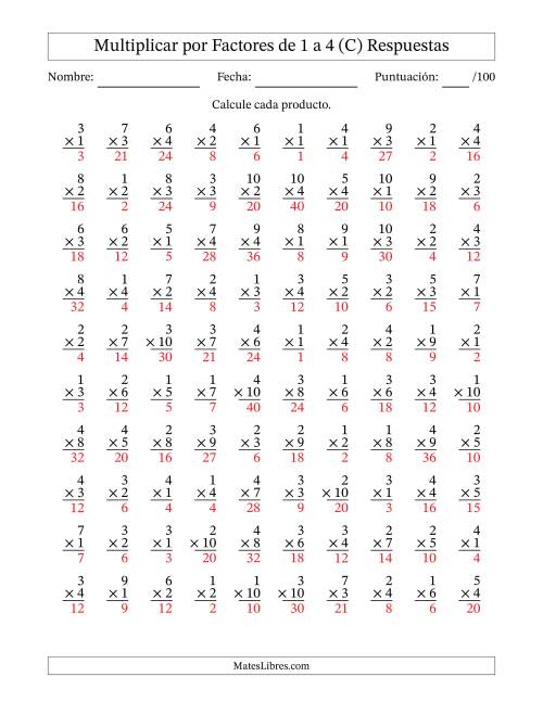 La hoja de ejercicios de Multiplicar (Factores de 1 a 10) por Factores de 1 a 4 (100 Preguntas) (C) Página 2