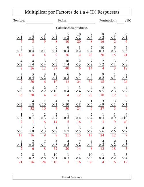 La hoja de ejercicios de Multiplicar (Factores de 1 a 10) por Factores de 1 a 4 (100 Preguntas) (D) Página 2