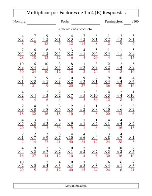 La hoja de ejercicios de Multiplicar (Factores de 1 a 10) por Factores de 1 a 4 (100 Preguntas) (E) Página 2