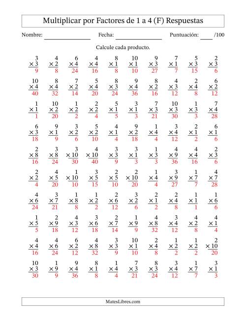 La hoja de ejercicios de Multiplicar (Factores de 1 a 10) por Factores de 1 a 4 (100 Preguntas) (F) Página 2