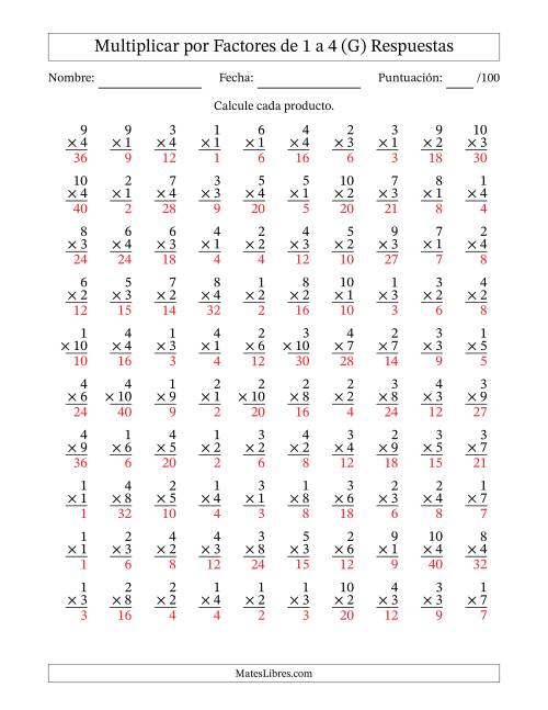 La hoja de ejercicios de Multiplicar (Factores de 1 a 10) por Factores de 1 a 4 (100 Preguntas) (G) Página 2