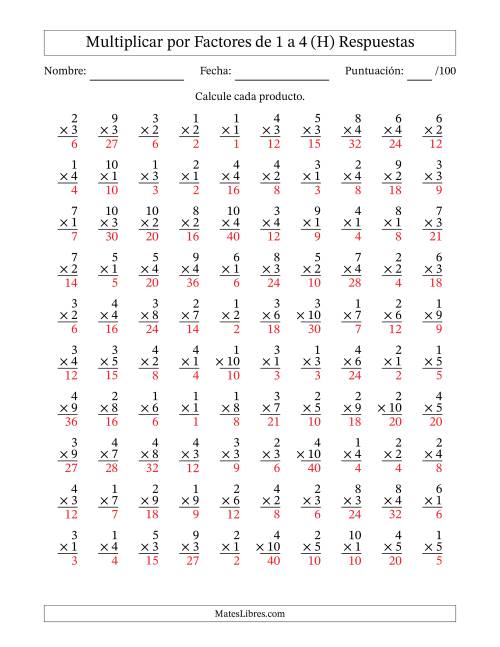 La hoja de ejercicios de Multiplicar (Factores de 1 a 10) por Factores de 1 a 4 (100 Preguntas) (H) Página 2
