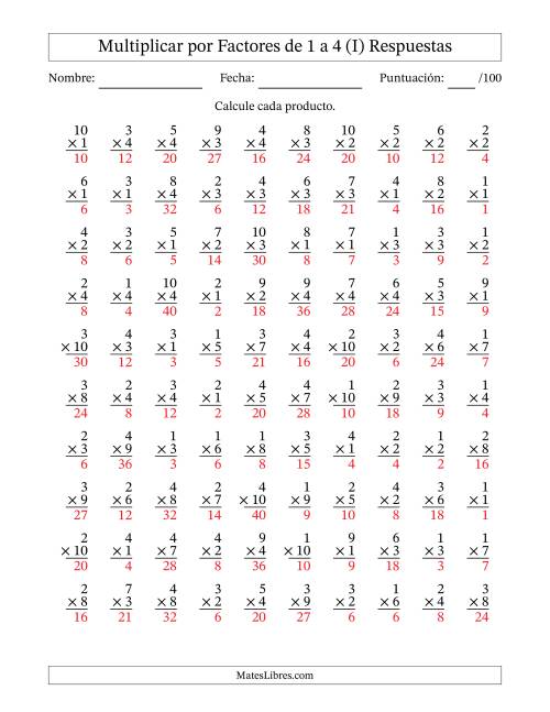 La hoja de ejercicios de Multiplicar (Factores de 1 a 10) por Factores de 1 a 4 (100 Preguntas) (I) Página 2