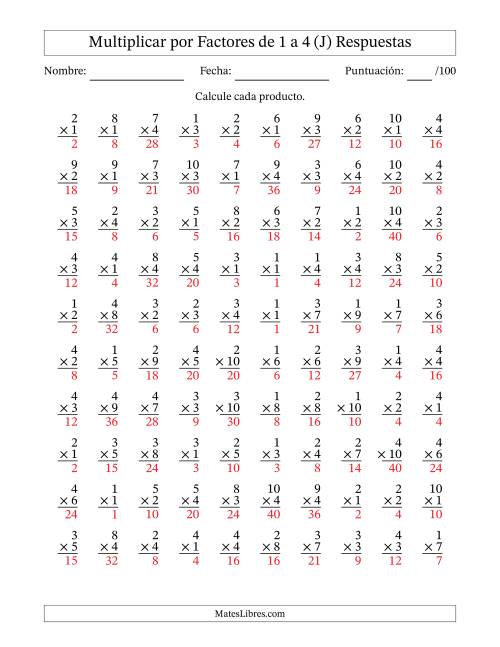 La hoja de ejercicios de Multiplicar (Factores de 1 a 10) por Factores de 1 a 4 (100 Preguntas) (J) Página 2