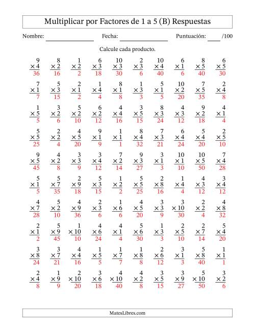 La hoja de ejercicios de Multiplicar (Factores de 1 a 10) por Factores de 1 a 5 (100 Preguntas) (B) Página 2