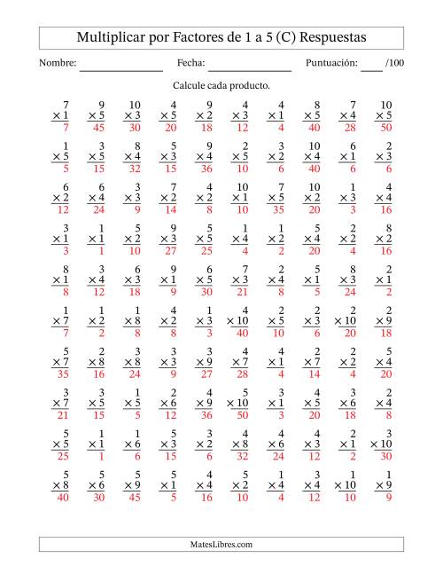 La hoja de ejercicios de Multiplicar (Factores de 1 a 10) por Factores de 1 a 5 (100 Preguntas) (C) Página 2