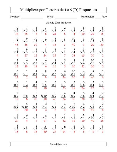 La hoja de ejercicios de Multiplicar (Factores de 1 a 10) por Factores de 1 a 5 (100 Preguntas) (D) Página 2