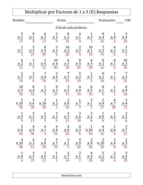 La hoja de ejercicios de Multiplicar (Factores de 1 a 10) por Factores de 1 a 5 (100 Preguntas) (E) Página 2