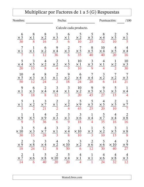 La hoja de ejercicios de Multiplicar (Factores de 1 a 10) por Factores de 1 a 5 (100 Preguntas) (G) Página 2