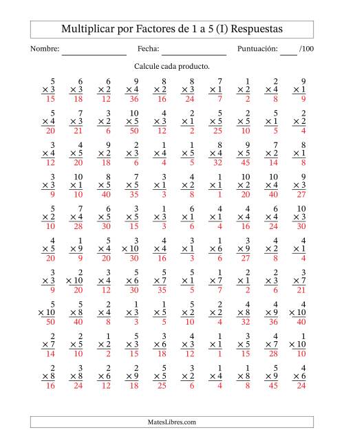 La hoja de ejercicios de Multiplicar (Factores de 1 a 10) por Factores de 1 a 5 (100 Preguntas) (I) Página 2