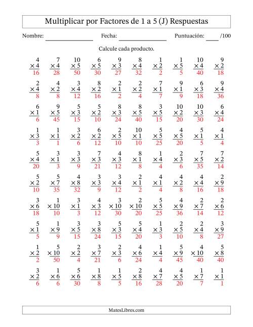 La hoja de ejercicios de Multiplicar (Factores de 1 a 10) por Factores de 1 a 5 (100 Preguntas) (J) Página 2