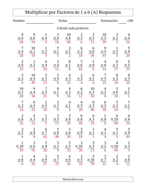 La hoja de ejercicios de Multiplicar (Factores de 1 a 10) por Factores de 1 a 6 (100 Preguntas) (A) Página 2