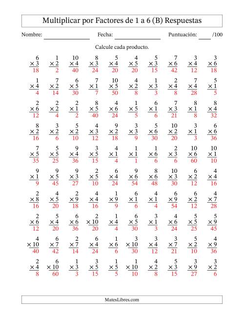 La hoja de ejercicios de Multiplicar (Factores de 1 a 10) por Factores de 1 a 6 (100 Preguntas) (B) Página 2