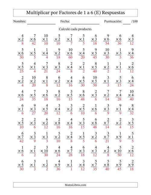 La hoja de ejercicios de Multiplicar (Factores de 1 a 10) por Factores de 1 a 6 (100 Preguntas) (E) Página 2