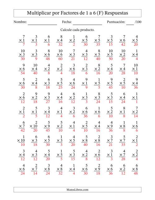 La hoja de ejercicios de Multiplicar (Factores de 1 a 10) por Factores de 1 a 6 (100 Preguntas) (F) Página 2