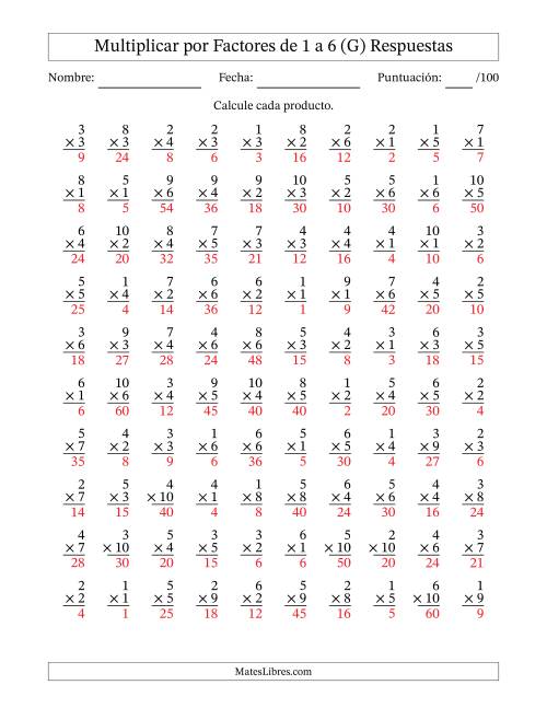 La hoja de ejercicios de Multiplicar (Factores de 1 a 10) por Factores de 1 a 6 (100 Preguntas) (G) Página 2