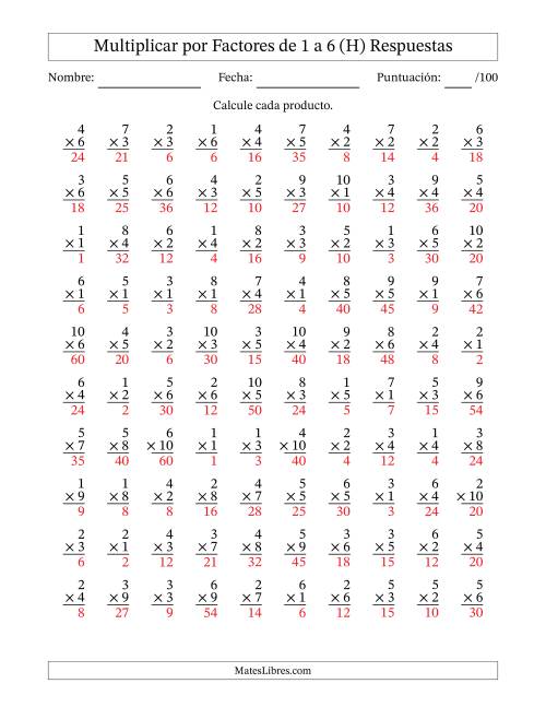La hoja de ejercicios de Multiplicar (Factores de 1 a 10) por Factores de 1 a 6 (100 Preguntas) (H) Página 2