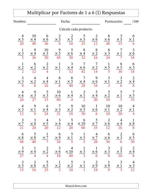 La hoja de ejercicios de Multiplicar (Factores de 1 a 10) por Factores de 1 a 6 (100 Preguntas) (I) Página 2