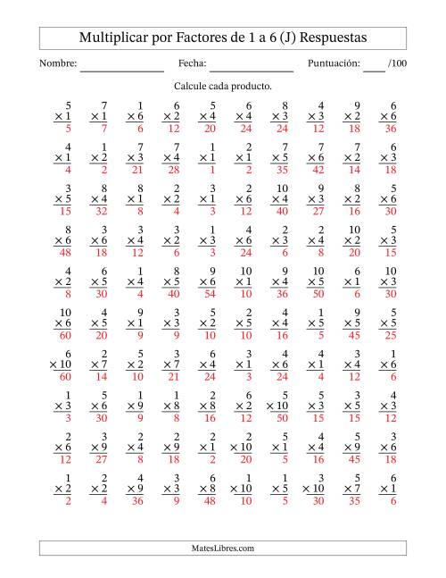 La hoja de ejercicios de Multiplicar (Factores de 1 a 10) por Factores de 1 a 6 (100 Preguntas) (J) Página 2