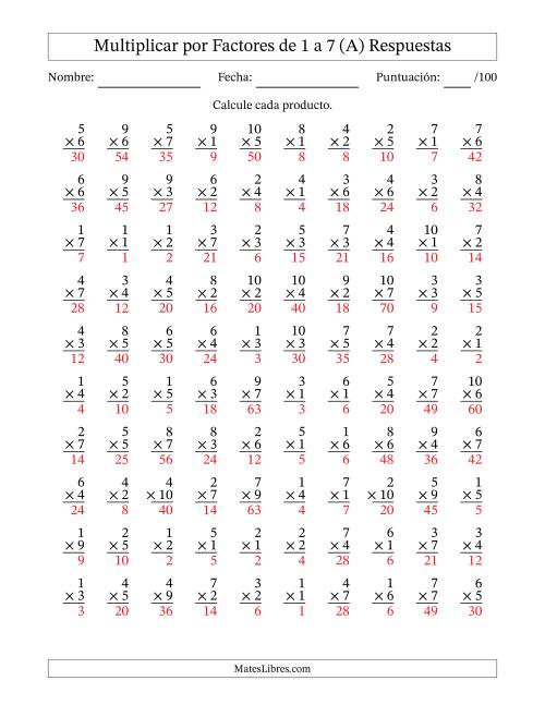 La hoja de ejercicios de Multiplicar (Factores de 1 a 10) por Factores de 1 a 7 (100 Preguntas) (A) Página 2