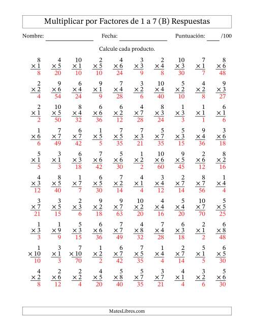 La hoja de ejercicios de Multiplicar (Factores de 1 a 10) por Factores de 1 a 7 (100 Preguntas) (B) Página 2
