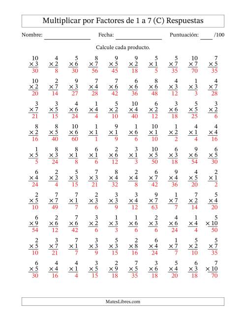 La hoja de ejercicios de Multiplicar (Factores de 1 a 10) por Factores de 1 a 7 (100 Preguntas) (C) Página 2
